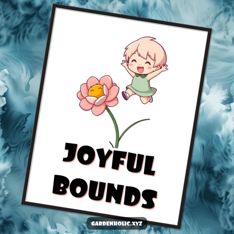 Funny Digital Art: High-resolution image of a character gleefully jumping over a blooming flower, ready to print.