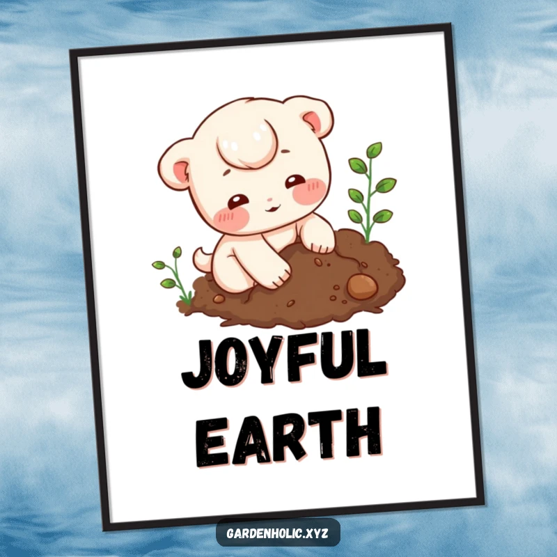 Funny Digital Art: High-resolution image of a character with rosy cheeks playfully digging in rich soil, ready for display.