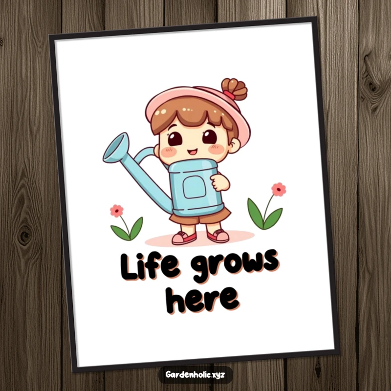 Funny Digital Art Print of a cute character with a wide smile holding a giant watering can, symbolizing nurturing and growth.