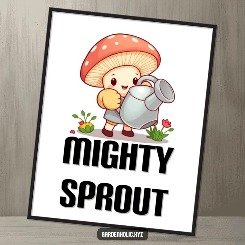 Funny digital art print of a tiny mushroom wearing oversized gardening gloves, struggling to lift a giant watering can, symbolizing effort.