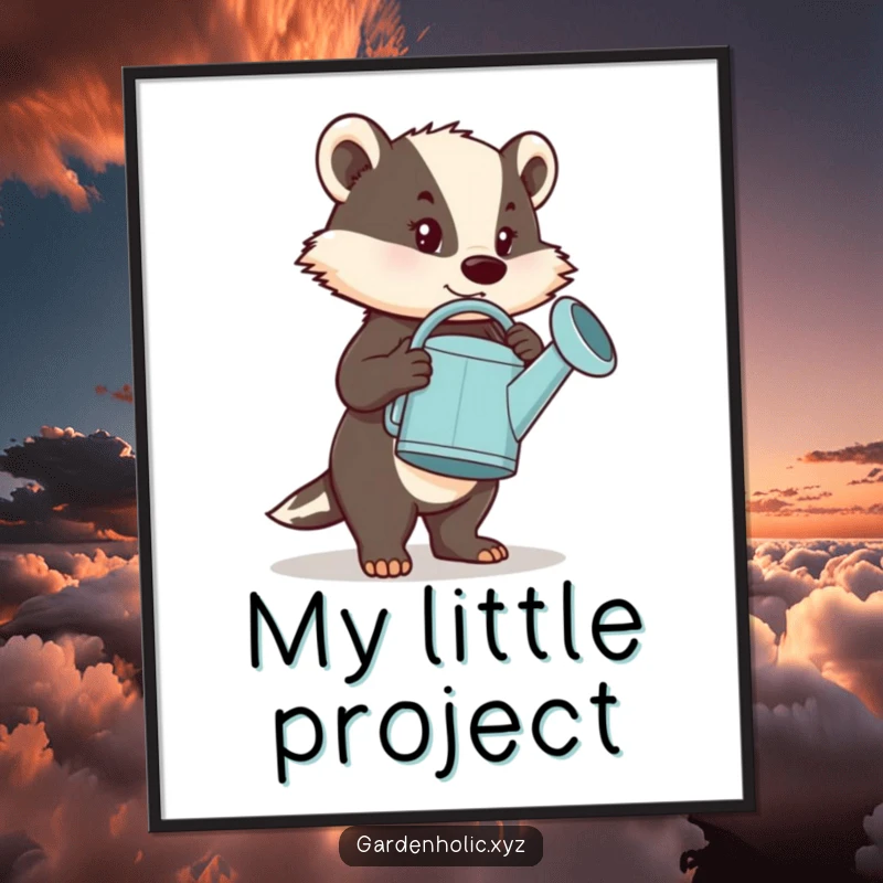 Funny Digital Art Print: A determined badger character carrying an oversized watering can, embodying strength and humorous effort.