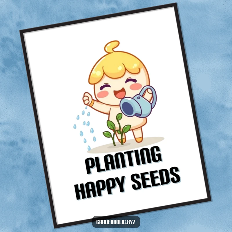 Funny gardener digital art print of a joyful character happily watering a tiny sprout, a perfect funny gift.