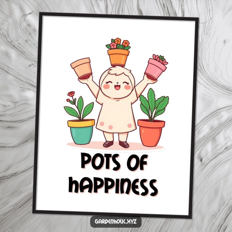 Funny gardener digital art print of a playful character juggling three colorful flower pots, a perfect funny gift.