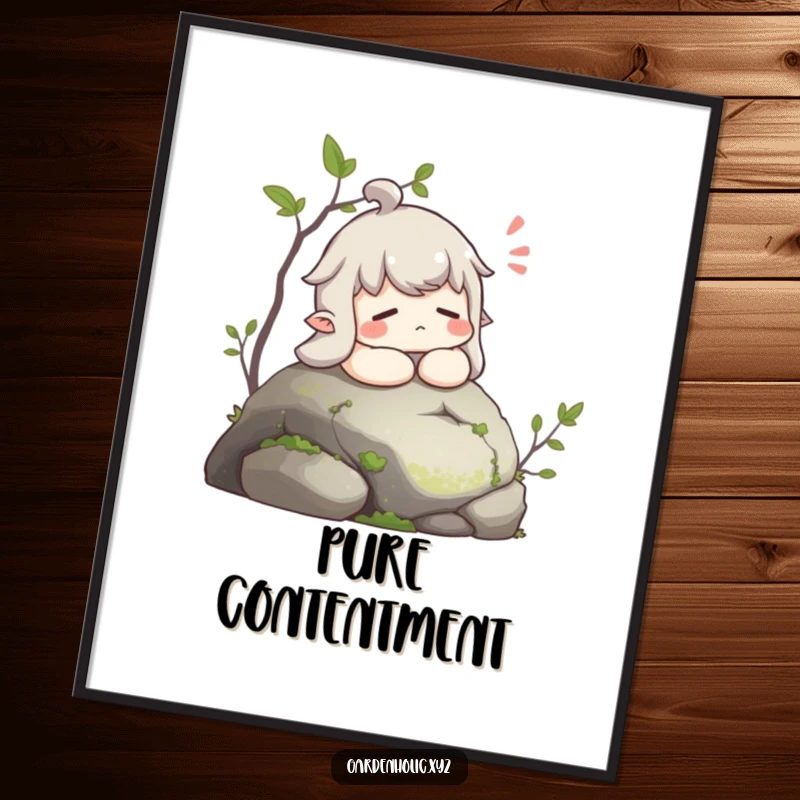 Funny digital art print of a character sighing contentedly while resting on a mossy stone, ideal for calm decor.