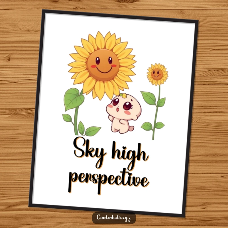 Funny digital art print showing a wide-eyed surprised character looking up in awe at a large, smiling sunflower, instantly downloadable.
