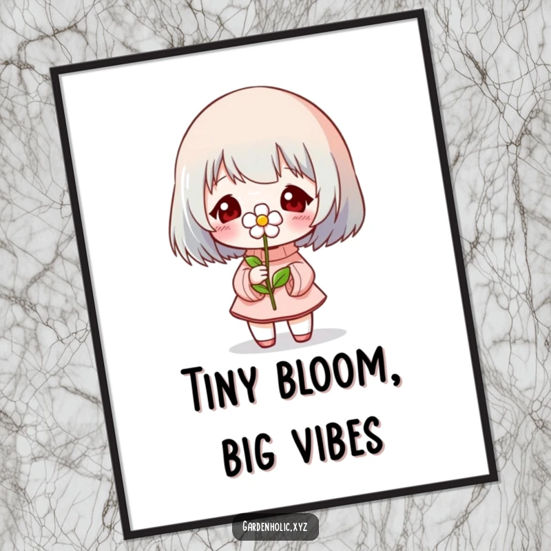 Funny Digital Art Print: A character proudly presents a tiny, blooming flower, symbolizing growth and happiness.