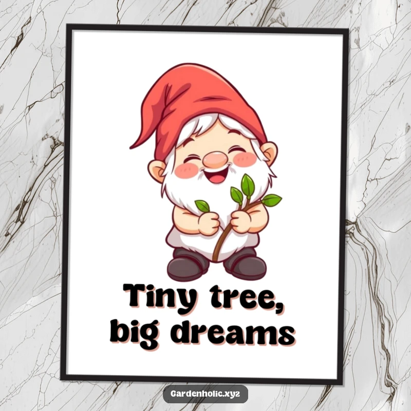 Funny gnome character holding a tiny sapling, full of glee, in a digital art print. Instant decor.