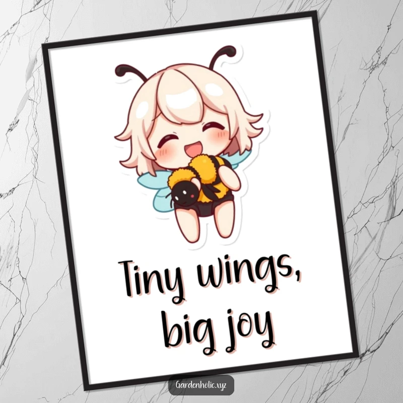 Funny digital art print of a character giggling contently while gently holding a buzzing bumblebee, celebrating kindness to nature.