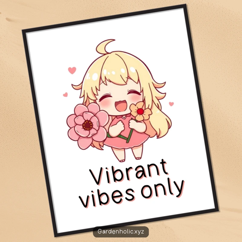 Funny digital art print of a cute character joyfully holding a vibrant blooming flower, perfect for printable wall decor and gifts.