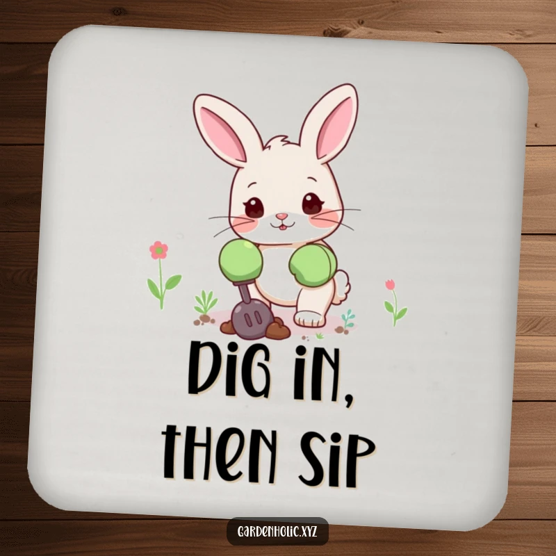 Funny bunny coasters showing a cute bunny in oversized gardening gloves, digging happily, ideal for protecting surfaces with a fun gift.