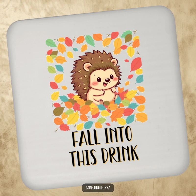 Funny hedgehog drink coaster featuring a happy hedgehog rolling through a pile of colorful autumn leaves, adding seasonal charm.