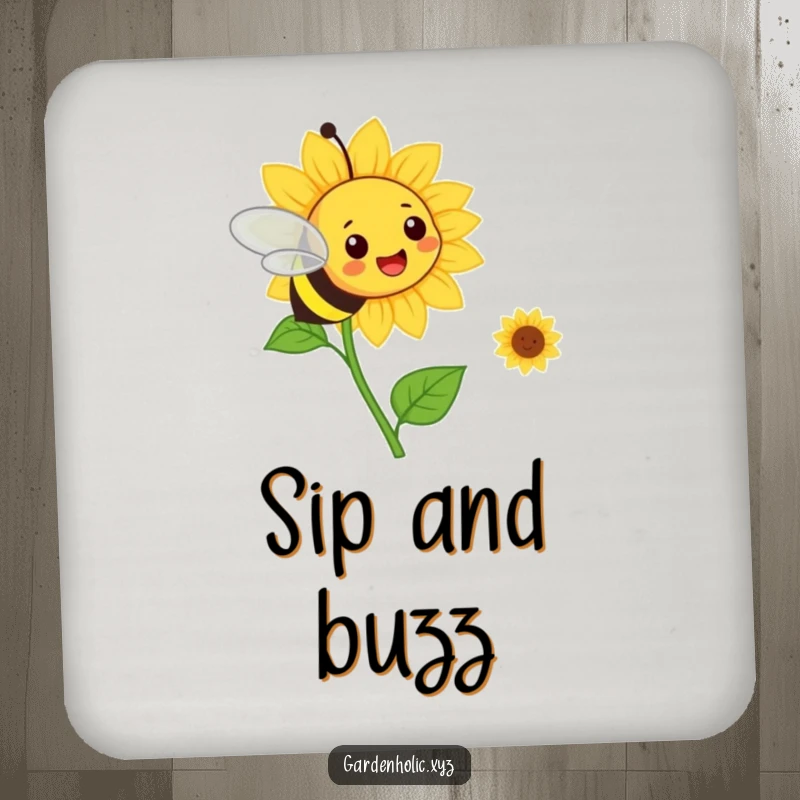 Funny bee flying towards a smiling sunflower on a vibrant drink coaster. Humorous house gift.