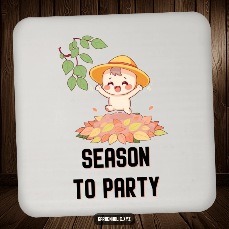 Funny drink coaster with a joyful character in a sun hat bouncing on a pile of autumn leaves, a practical and charming item.