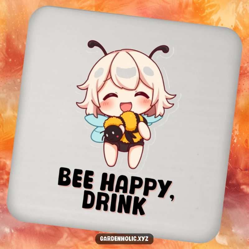 Funny drink coaster showing a character giggling while gently holding a buzzing bumblebee, adding a touch of nature's humor.