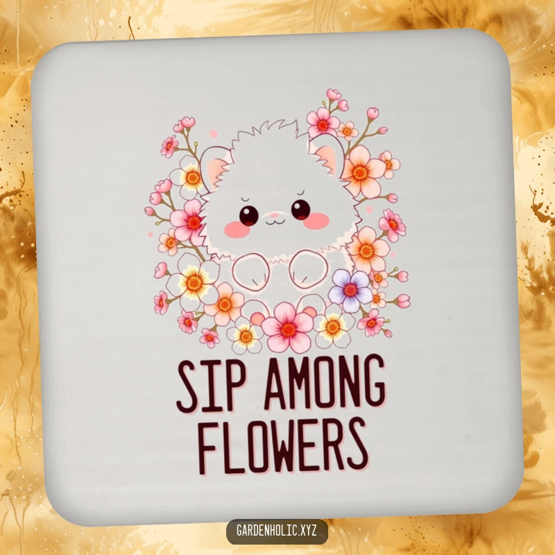 Funny drink coasters with a fluffy creature surrounded by colorful blossoms, adding cute nature humor to tabletops.