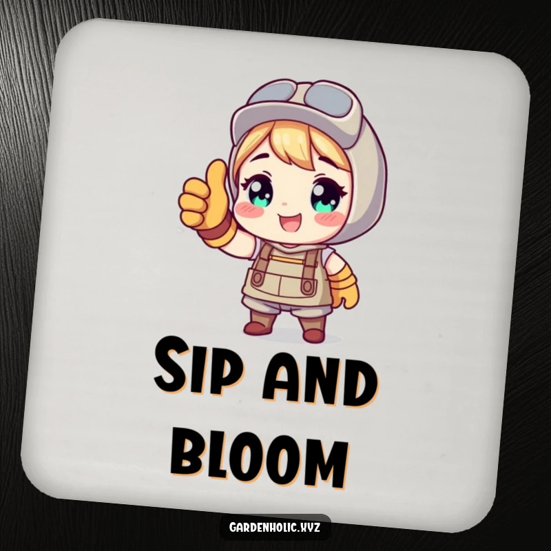 Funny drink coasters featuring a character in gardening gloves giving a thumbs up, adding gardening humor to tabletops.