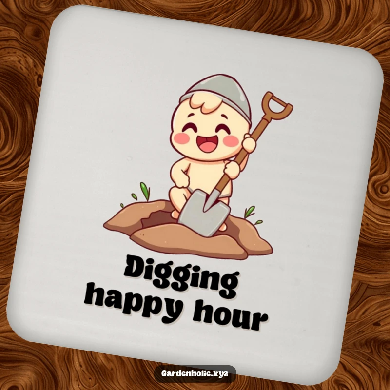 Funny drink coaster with a beaming character enthusiastically digging a perfect hole with a spade, a humorous and practical item.