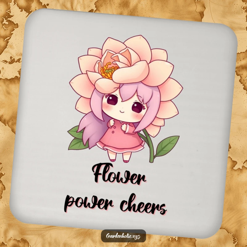 Funny drink coaster featuring a cheerful character admiring a freshly bloomed, oversized flower, adding humorous floral beauty to surface protection.