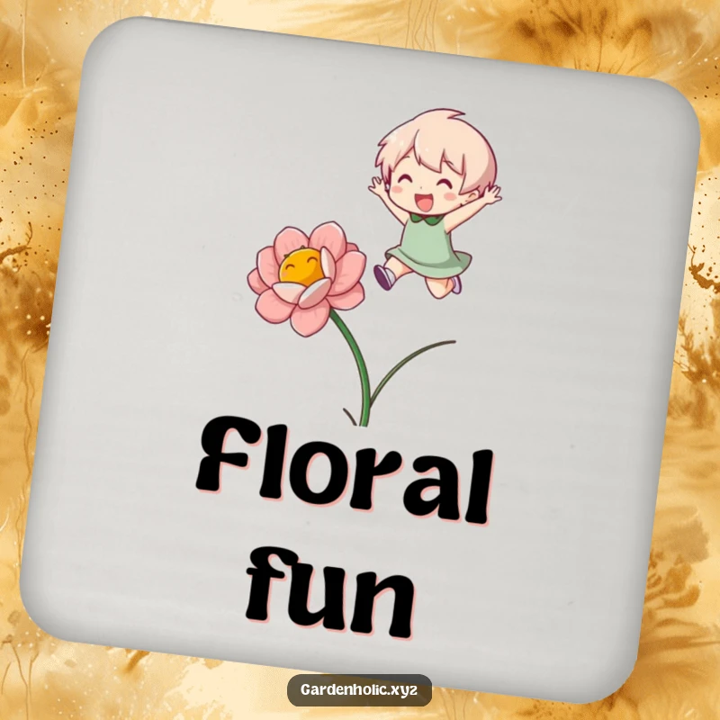 Funny Coaster: A set displaying a character gleefully jumping over a blooming flower, protecting surfaces with style.