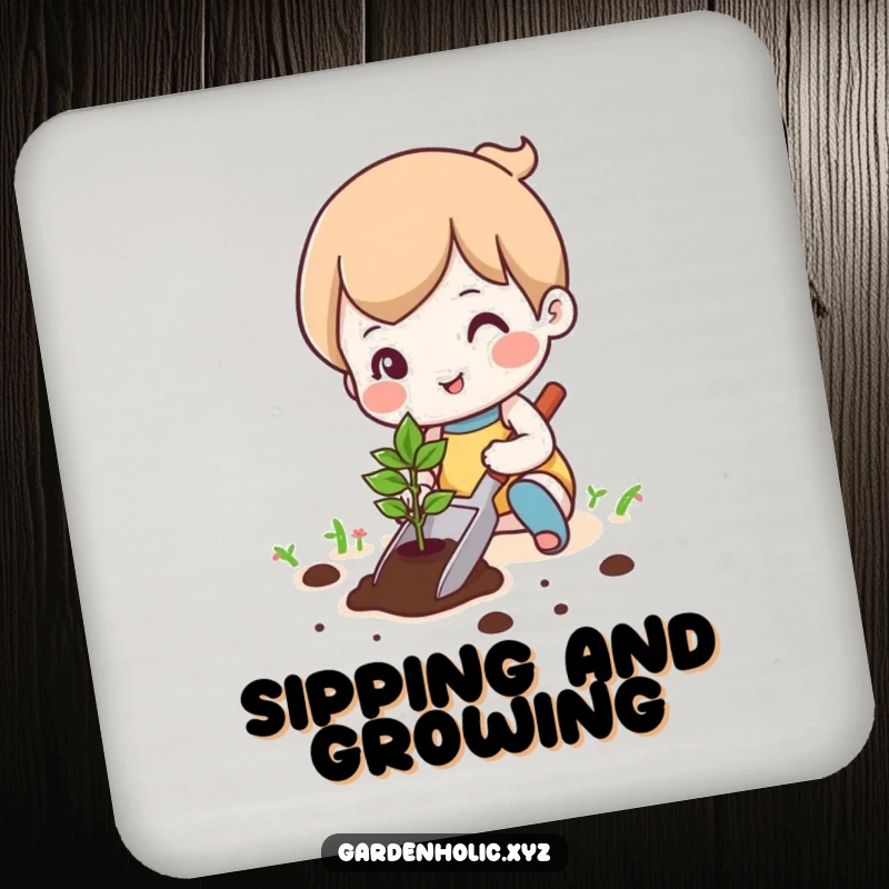 Funny cute character happily planting a tiny seedling with a trowel on drink coasters, protecting furniture with gardening humor, a perfect funny gift.