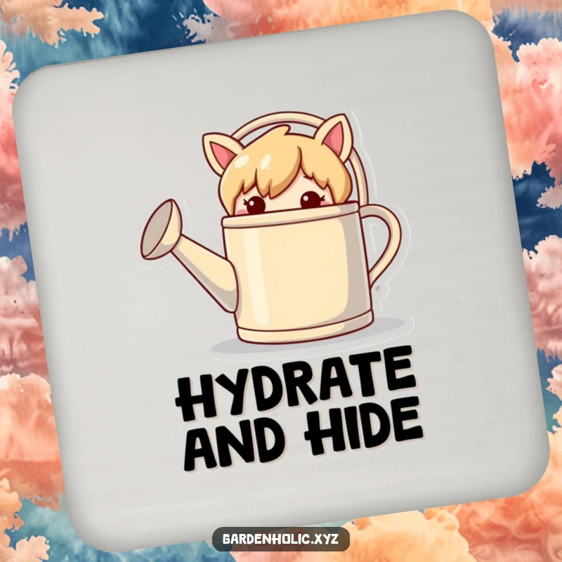 Funny drink coaster featuring a mischievous character hiding behind a giant watering can, adding charm.