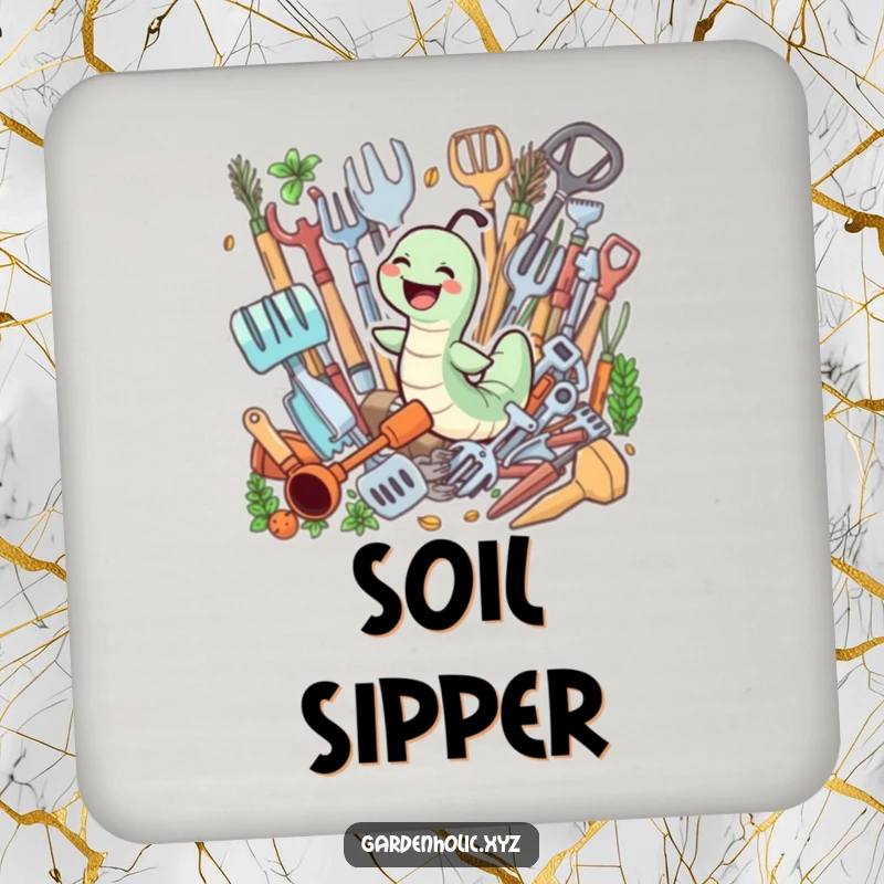 Funny drink coaster with a giggling worm joyfully swimming through a pile of gardening tools, adding playful charm.