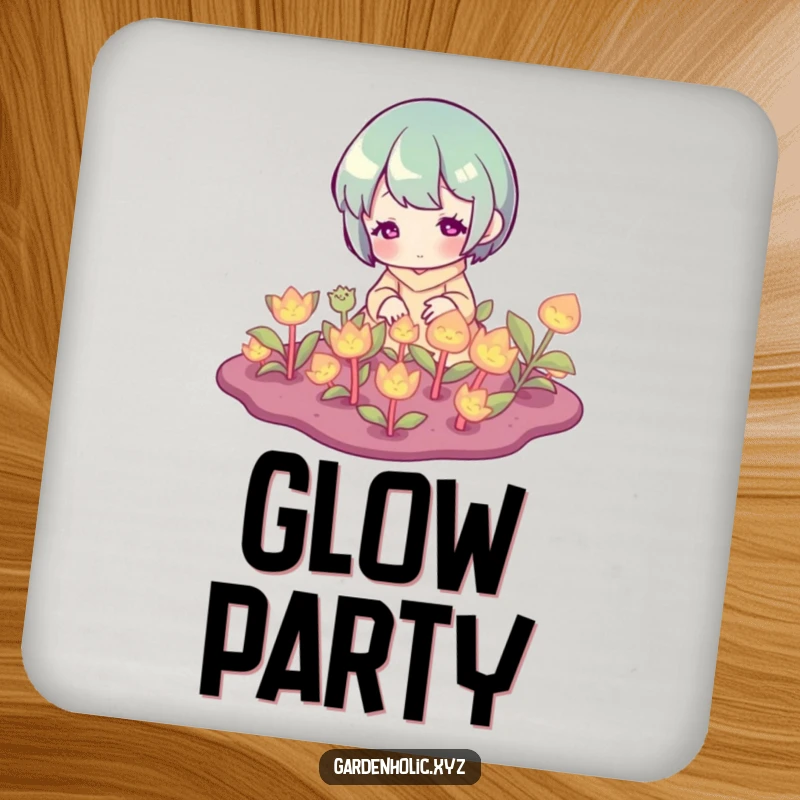 Funny Coaster: Set displays a character happily tending to glowing plants, offering protection with mystical charm.