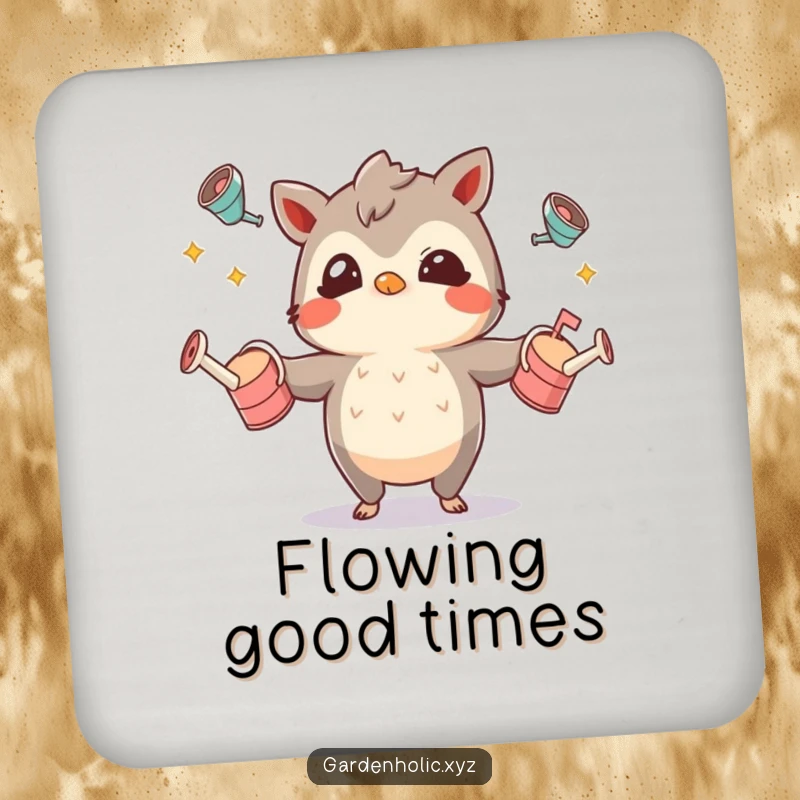 Funny drink coaster depicting a mischievous character juggling small watering cans, bringing fun to beverage placement.