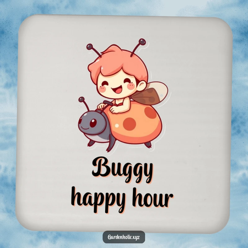 Funny drink coaster featuring a cheerful character riding a ladybug, preventing spills with charm, a practical and funny gift.