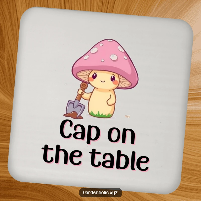 Funny mushroom planting its cap design on a drink coaster, a humorous way to protect furniture.