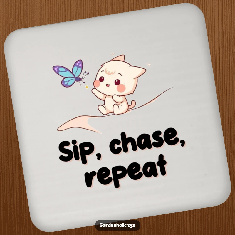Funny drink coaster featuring a playful character trying to catch a fluttering butterfly, adding charm.