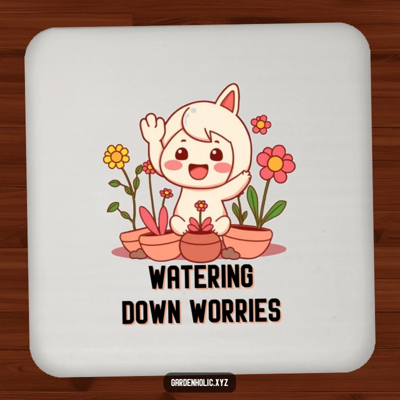 Funny drink coaster featuring a character waving happily, surrounded by cheerful plants, adding a touch of nature indoors.