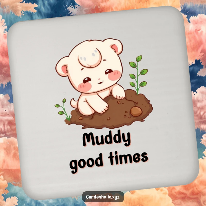 Funny Coaster: A set displaying a character with rosy cheeks digging in rich soil, protecting surfaces with humor.