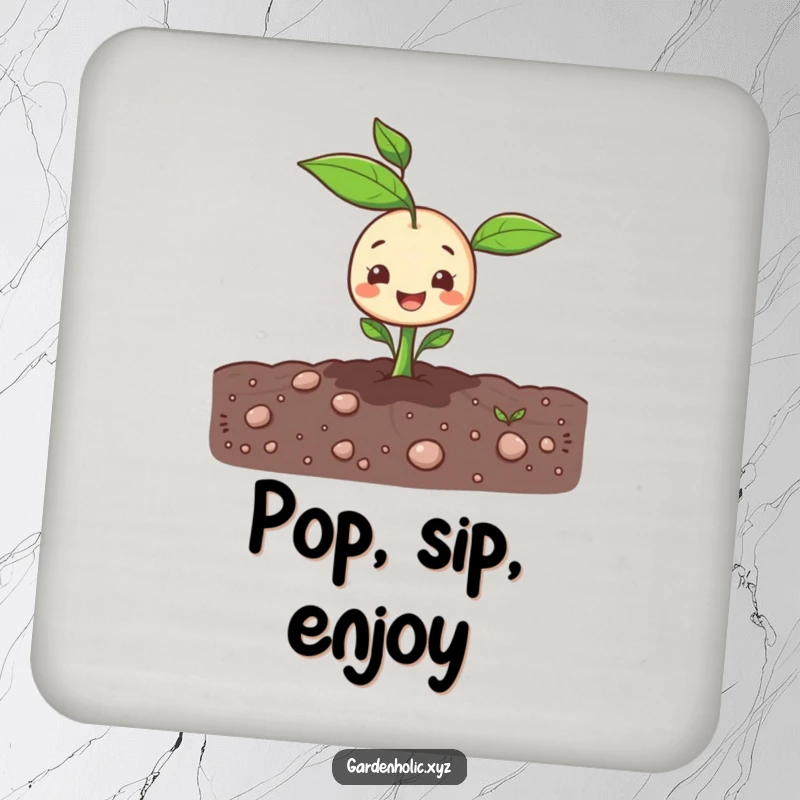 Funny sprout character popping cheerfully out of the ground on a vibrant drink coaster.