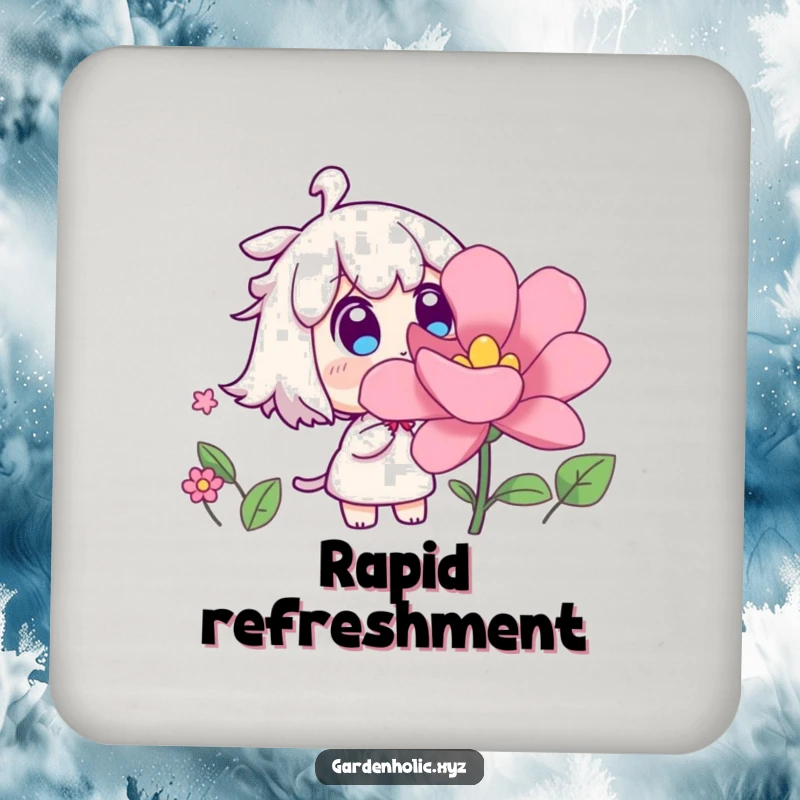Funny drink coaster featuring a surprised character watching a flower bloom rapidly, preventing spills with charm, a practical and funny gift.