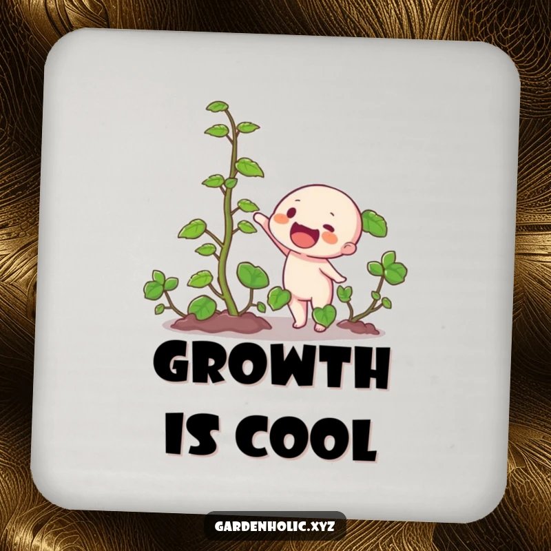 Funny drink coaster showcasing a character enthusiastically pointing at a rapidly growing vine, adding botanical humor to drink service.