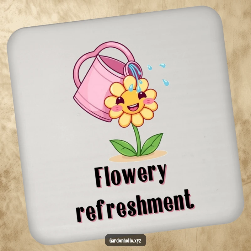 Funny Coasters: A cute watering can showers a smiling flower, a humorous addition to protect your surfaces.