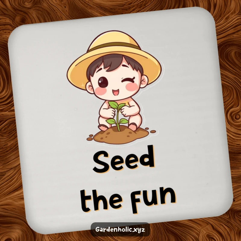 Funny Coaster: A set displaying a character winking while planting a seed, protecting surfaces with charm.