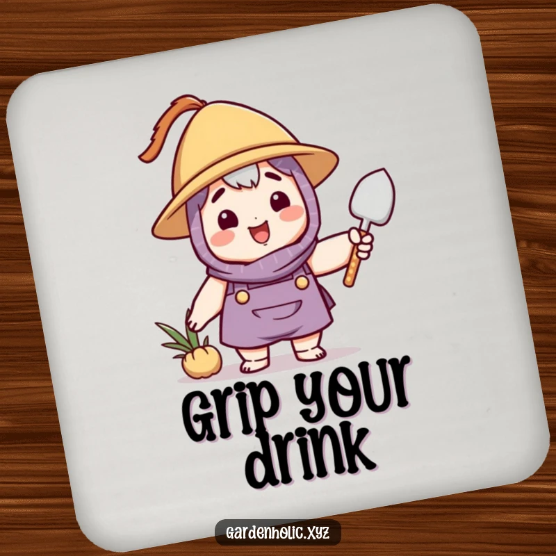 Funny gardener drink coasters featuring a character in a hat, happily waving a small trowel, protecting surfaces with charm.