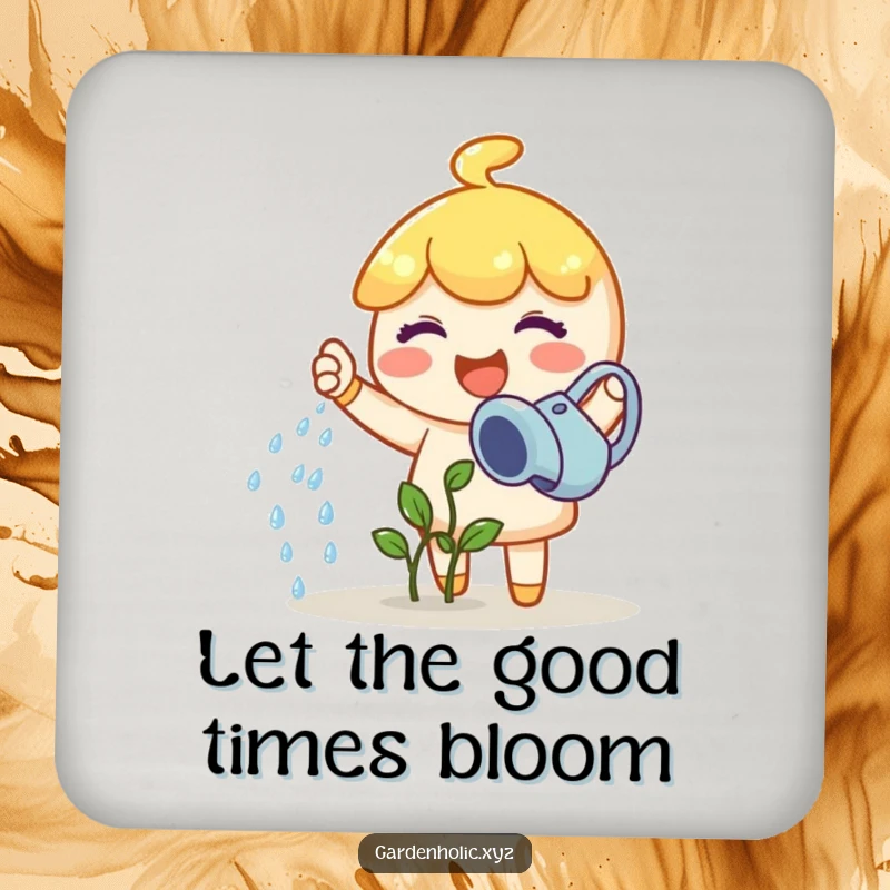 Funny gardener coaster with a joyful character happily watering a tiny sprout, a delightful funny gift.