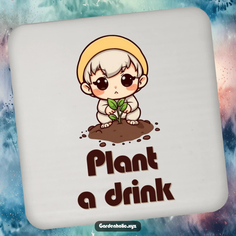Funny drink coasters with a determined character planting a tiny seed, adding hopeful garden humor to tables.