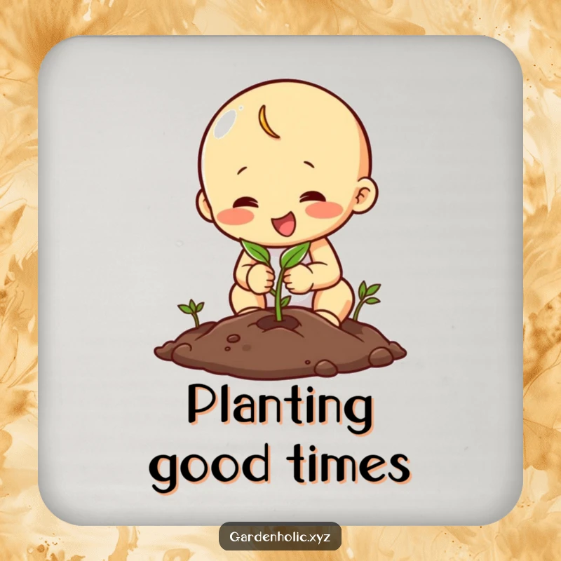Funny drink coaster with a happy character planting a seed with concentration, symbolizing dedication and protecting surfaces.