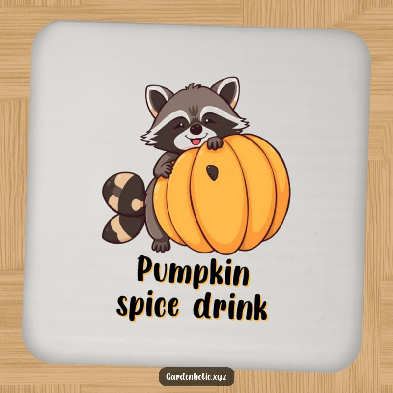 Funny raccoon drink coaster featuring a giggling raccoon trying to balance a huge pumpkin, adding whimsical autumn charm.