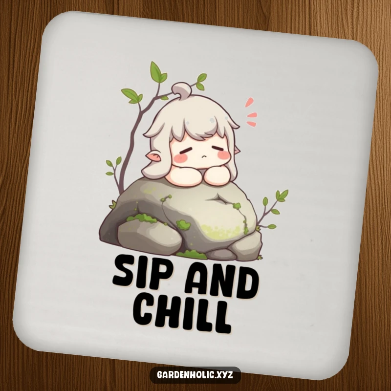 Funny drink coaster showing a character sighing contentedly while resting on a mossy stone, bringing peace.