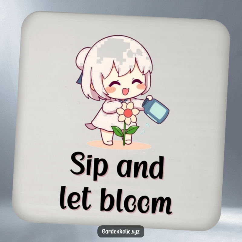 Funny character gleefully watering a small, smiling flower with a can on drink coasters, protecting furniture with garden humor, a perfect funny gift.