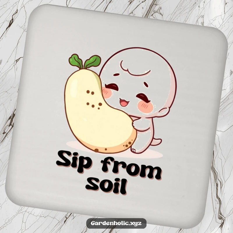 Funny Gardener Coaster: A giggling character admires a vegetable, offering a humorous and practical accessory for your drinks.