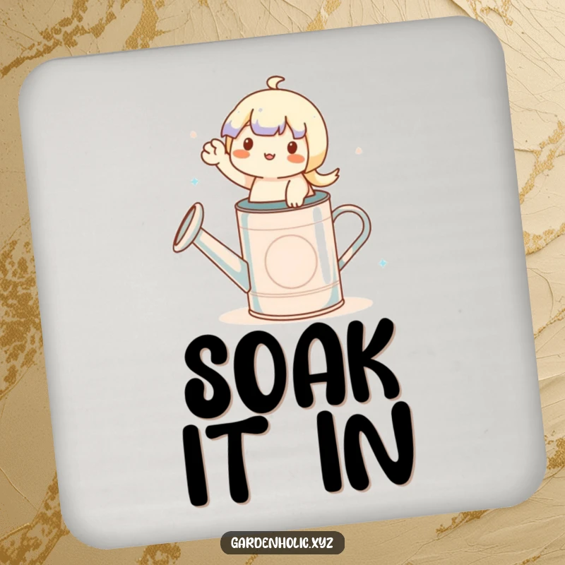 Funny drink coasters with a waving character on a watering can, adding a humorous garden touch to tables.