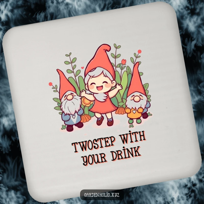 Funny joyful character doing a jig among garden gnomes, designed on drink coasters, adding garden charm and humor to surfaces, a practical funny gift.