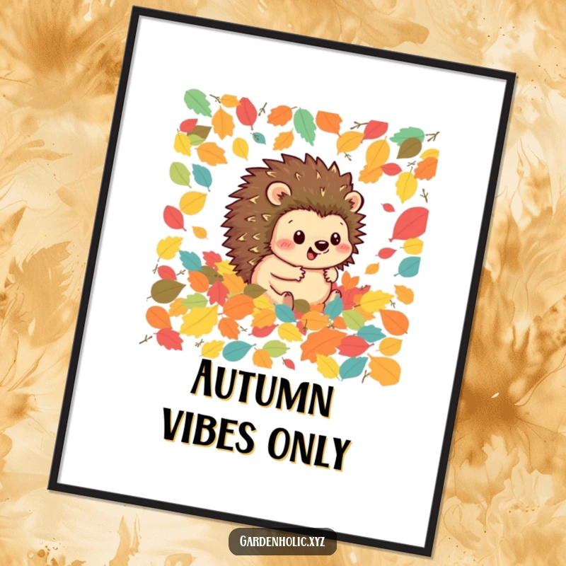Funny hedgehog poster of a happy hedgehog joyfully rolling through a pile of colorful autumn leaves, capturing the essence of fall.