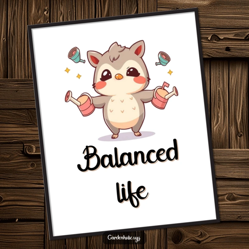 Funny poster art of a character with a mischievous glint juggling small watering cans, bringing playful energy to walls.